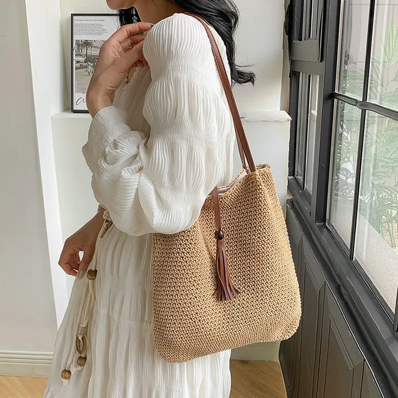 Tote Bag Beach - Tassel straw woven tote bag handwoven
