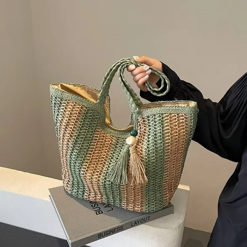 Striped woven straw tote bag f - مراجعة Tote Bag Beach وسعره