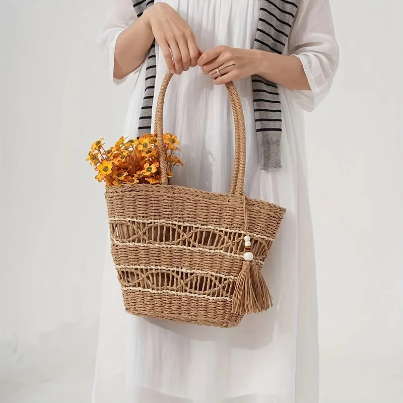 Hollow-Shoulder Straw Tote Bag - مراجعة Tote Bag Beach وسعره